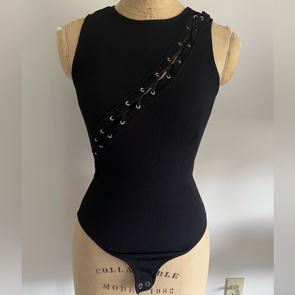 Express Body Contour Laceup Black Sleeveless Bodysuit
